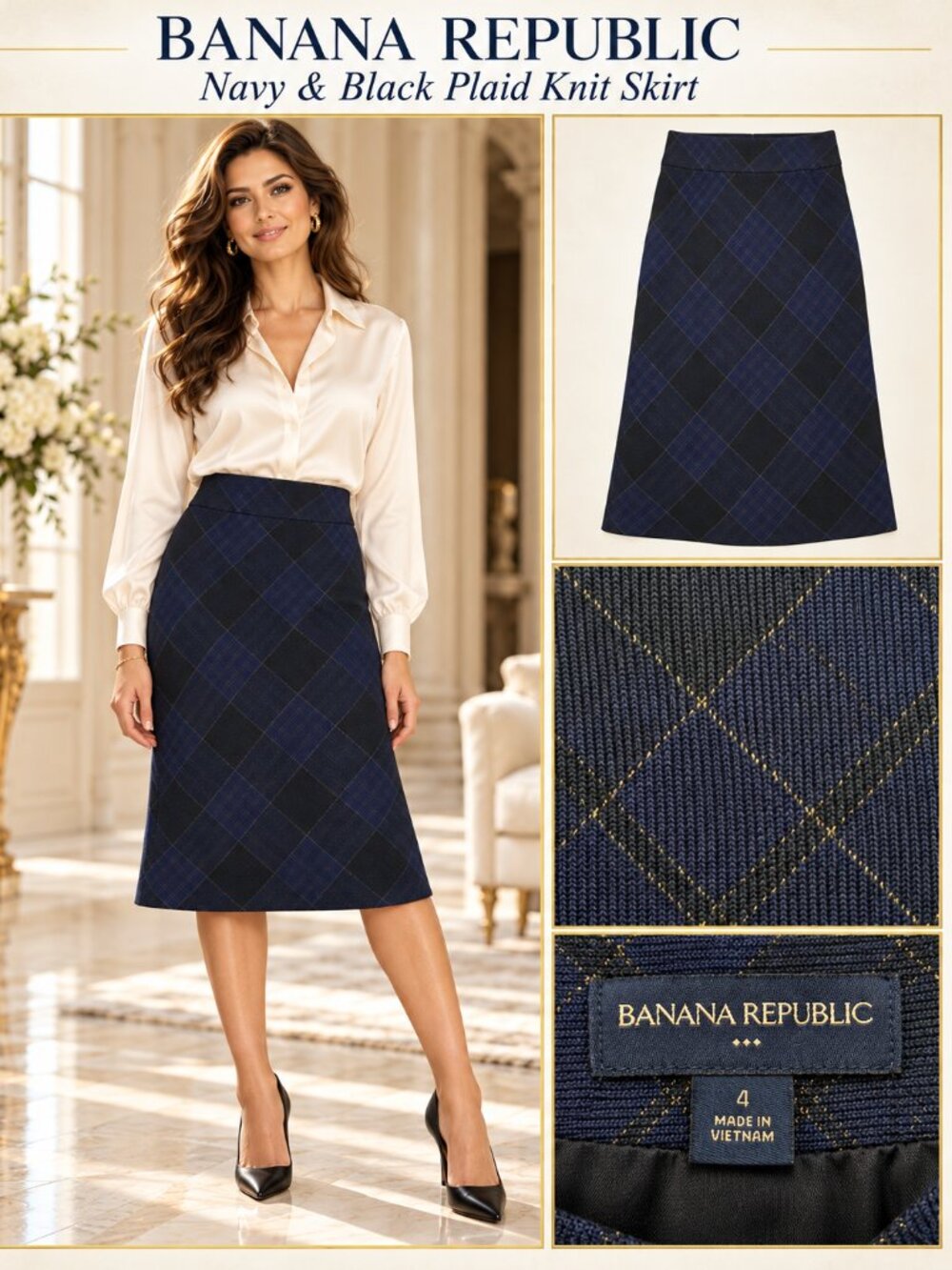 Banana Republic Navy Black Plaid Gold Thread Knit A-Line Skirt Size 4